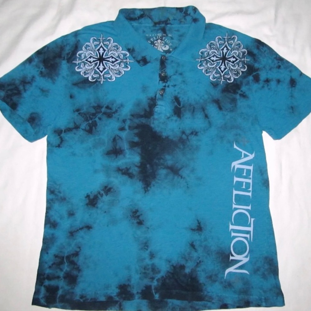 Affliction Blue Tie Dye Live Fast Cross Short Sleeve Polo Shirt Mens Size XL